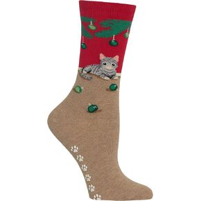 Hot Sox Women's Christmas Cat Non Skid Socks 1 Pair, Red, Women's 4-10