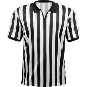 Mens Official Black & White Stripe Referee Shirt Zipper Collared Short Sleeve Umpire Jersey Halloween Costume Ref Uniform