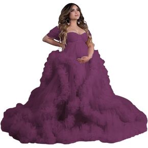 Puffy Tulle Robe for Maternity Photoshoot Ruffles Off Shoulder Bridal Lingerie Bathgown Baby Shower Dress
