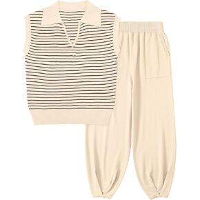 UEU Women's 2 Piece Outfits 2025 Summer Striped Knit Sweater Vest Top & Pants Casual Travel Matching Trendy Lounge Sets
