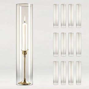 12 Pcs 2.5" W x 14" H Hurricane Glass Candle Holders - Bottomless Glass Hurricane Pillar Candle Holder Open Ended Cylinder Vase Sleeve Tube Cover for Pillar Candleholders
