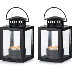 Nuptio Lanterns for Candles Garden Lanterns, 4 Pcs Vintage Style Hanging Small Lanterns for Tealight Candle, Black Candle Tea Light Holders for Indoor Outdoor Events Birthday Party Wedding