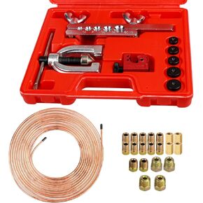 3/16 Brake Line Tubing with Tool Kit 25 ft Copper Coated Brake Line Kit with 16 Fittings, Double & Single Flaring Tool Kit with 5 Adapters and Tube Cutter
