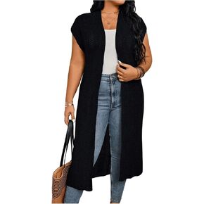 Verdusa Women's Plus Size Dolman Sleeve Open Front Hollow Out Long Cardigan Duster Coat