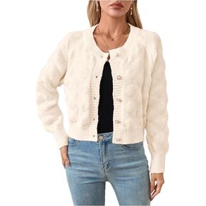 MakeMeChic Women's Pearls Button Down Cardigan Textured Long Sleeve Crew Neck Sweaters