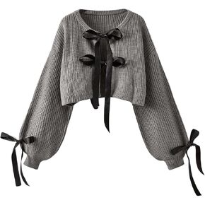 SHENHE Women's Plus Size Bishop Long Sleeve Knitted Cardigans Bowknot V Neck Sweaters