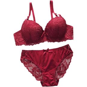 Lingerie for Women Floral Lace Sexy Bra and Panty Red Wine Wire Full Coverage Padded Adjustable Shoulder Strap 2PCS