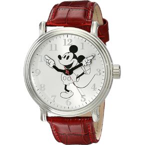 Disney Mickey Mouse Adult Vintage Articulating Hands Analog Quartz Watch, Silver, Dark Red