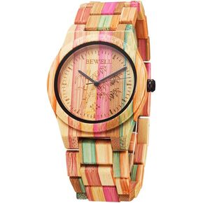 BEWELL Wooden Watches Handmade Natural Colorful Bamboo Wooden Watch Analog Quartz Wrist Watch Orange