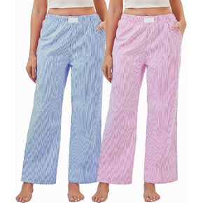 2 Pack Women Y2k Striped Pants Elastic High Waist Pajama Pants Straight Wide Leg Pants Lounge Trouser with Pockets