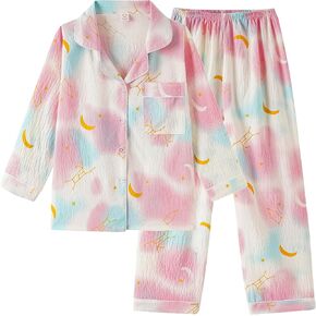 Vopmocld Girls Button Down Pajama Sets Soft Polyester Lapel Collar Long Sleeve Long Pants Sleepwear for Teen Cozy Nightwear