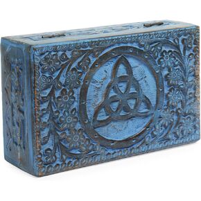 Wooden Trinket Box 8 x 5 inches Mango Wood Jewelry Organizer Vintage Watch Holder Beautifully Handcarved Floral Pattern with Lock for Home Decor White elephant gifts for Adults - Blue