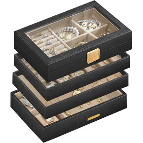 Stackable Jewelry Trays, 4-Tier Jewelry Box, Drawer Storage Organizer Display Case with Glass Lid, Removable Divider, Large Capacity for Earring Necklace Bracelet Watch Rings(White)