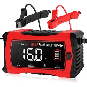 16-Amp Battery Charger, 12V 24V Lithium LiFePO4 Lead Acid Car Battery Charger 10-Stage Trickle Charger Smart Battery Maintainer w/Temp Compensation for Car Truck Lawn Mower Boat Marine
