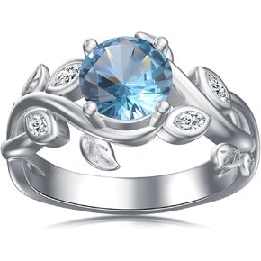 March Birthstone Ring for Women Sterling Silver Aquamarine Leaf Ring Promise Ring for Her Round Shaped 6 MM Gemstone Branch Statement Ring