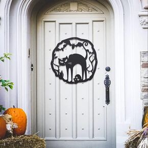 RealSteel Hallows' Eve Cat Metal Wall Art - Spooky Halloween Decor with Bats & Skull for Cat Lovers (Black)