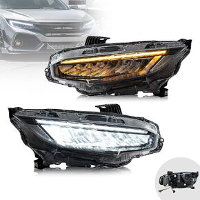 VLAND LED Headlights Assembly Compatible for 10TH Gen Honda Civic Sedan, Coupe, Hatchback, Type R 2016 2017 2018 2019 2020 2021, With Sequential Turn Signal, Breath & Dynamic Startup DRL
