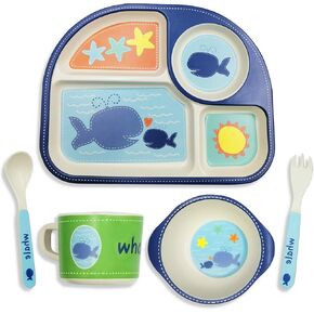 Toddler Plates and Bowls Set, Dinosaur Plate, Dinnerware Kids Feeding Set Bamboo Plate Dishes, Cartoon Kids Fork Spoon Bowl Cup Divided Plates with Utensils Baby Self-Feeding Plate Dishwasher Safe
