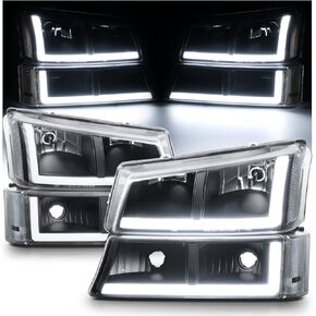 M-AUTO Headlight Assembly LED Strip DRL w/Pre-assembled 6000K LED Bulbs Compatible with 03-04 Chevy Silverado 2500, 03-06 Silverado 1500 1500HD 2500HD 3500/Avalanche 1500 2500