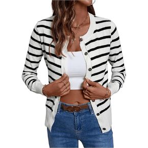 WDIRARA Women's Striped Long Sleeve Cardigan Trendy Button Down Knit Sweater Crew Neck Outerwear