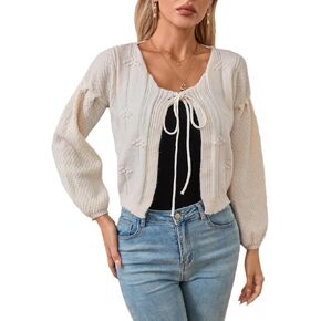 MakeMeChic Women's Textured V Neck Tie Front Long Sleeve Cardigan Knitted Open Front Outerwear