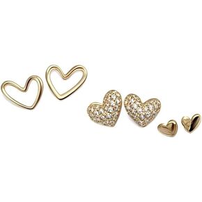 Gold Heart Cute Stud Dainty 925 Sterling Silver Earrings Jewelry for Women 3 Pairs of Hypoallergenic Zinc Alloy gift for valentine's day and everyday wear.