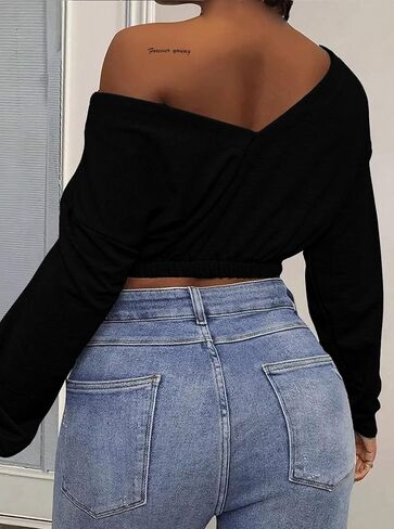 المرأة LovelyWholesale اقتصاص سوياتشيرتس الخامس الرقبة كم طويل السترة قبالة قمم الكتف in Kuwait