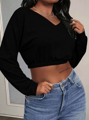 المرأة LovelyWholesale اقتصاص سوياتشيرتس الخامس الرقبة كم طويل السترة قبالة قمم الكتف in Kuwait