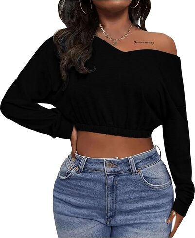 المرأة LovelyWholesale اقتصاص سوياتشيرتس الخامس الرقبة كم طويل السترة قبالة قمم الكتف in Kuwait