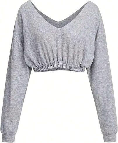 LovelyWholesale Women Cropped Sweatshirts V Neck Long Sleeve Pullover Off the Shoulder Tops in Saudi Arabia