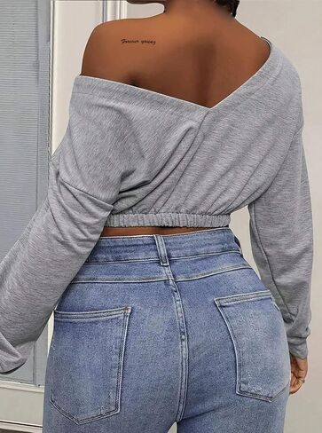 LovelyWholesale Women Cropped Sweatshirts V Neck Long Sleeve Pullover Off the Shoulder Tops in Saudi Arabia