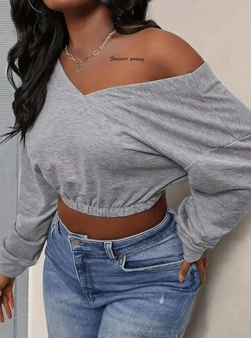 LovelyWholesale Women Cropped Sweatshirts V Neck Long Sleeve Pullover Off the Shoulder Tops in Saudi Arabia