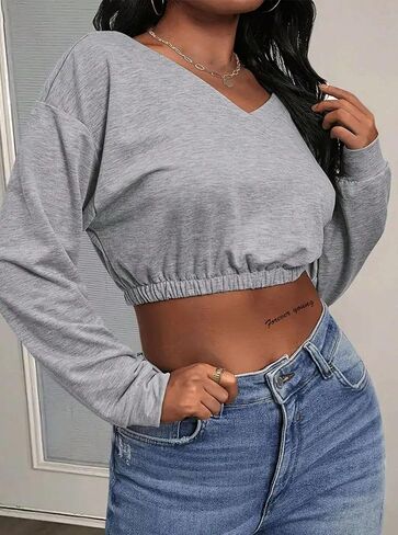 LovelyWholesale Women Cropped Sweatshirts V Neck Long Sleeve Pullover Off the Shoulder Tops in Saudi Arabia