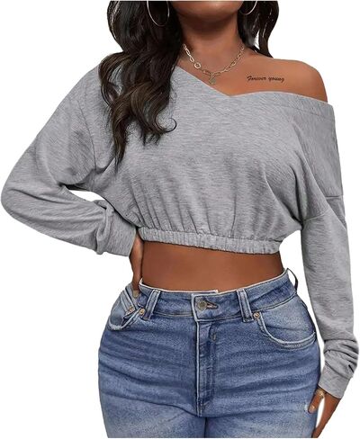 LovelyWholesale Women Cropped Sweatshirts V Neck Long Sleeve Pullover Off the Shoulder Tops in Saudi Arabia