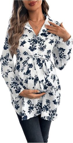 MakeMeChic Women's Maternity Blouse Floral Print Long Sleeve Belted Button Down Shirts Tops in Saudi Arabia