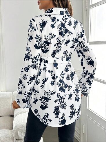 MakeMeChic Women's Maternity Blouse Floral Print Long Sleeve Belted Button Down Shirts Tops in Saudi Arabia