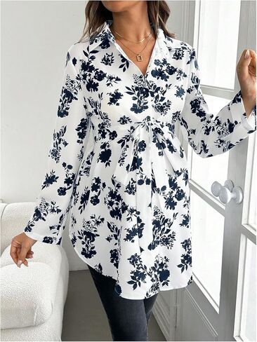 MakeMeChic Women's Maternity Blouse Floral Print Long Sleeve Belted Button Down Shirts Tops in Saudi Arabia