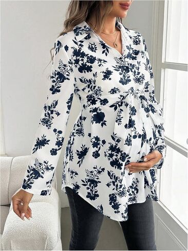 MakeMeChic Women's Maternity Blouse Floral Print Long Sleeve Belted Button Down Shirts Tops in Saudi Arabia