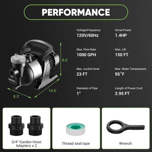 1.6HP Portable Water Transfer Pump, 1000GPH Shallow Well Jet Pump with Built-in Filter, Garden Booster Pump for Home, Garden, Lawn, 120V, Black in Saudi Arabia