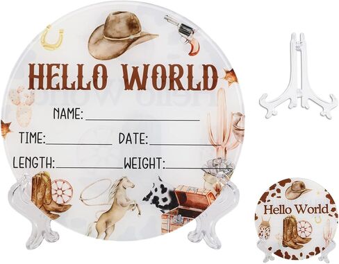 Acrylic Baby Birth Announcement Sign with Stand, Western Cowboy Theme Double-Sided Newborn Name Board, Hello World Milestone Card for Welcome Baby Hospital Nursery Gift Photo Prop in Kuwait