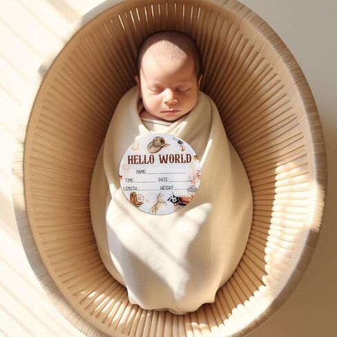 Acrylic Baby Birth Announcement Sign with Stand, Western Cowboy Theme Double-Sided Newborn Name Board, Hello World Milestone Card for Welcome Baby Hospital Nursery Gift Photo Prop in Kuwait