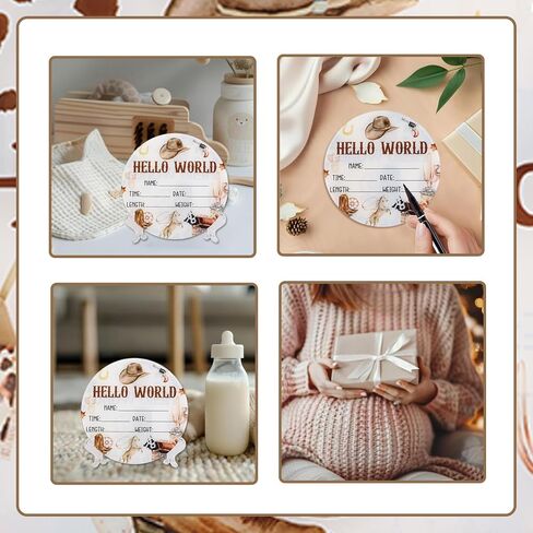 Acrylic Baby Birth Announcement Sign with Stand, Western Cowboy Theme Double-Sided Newborn Name Board, Hello World Milestone Card for Welcome Baby Hospital Nursery Gift Photo Prop in Kuwait