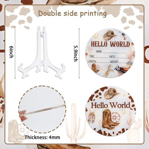 Acrylic Baby Birth Announcement Sign with Stand, Western Cowboy Theme Double-Sided Newborn Name Board, Hello World Milestone Card for Welcome Baby Hospital Nursery Gift Photo Prop in Kuwait