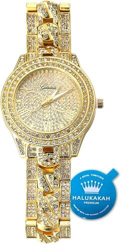 Halukakah Diamond Gold Watch for Men - THE CUBAN LINK - Iced Out Men's 18k Real Gold/Platinum White Gold Plated Cuban Chain Band Quartz Wristband 9.5",Cuban Link Chain 8"+18" Necklace Bracelet Set,Full Cz Diamonds,FREE Giftbox in Kuwait