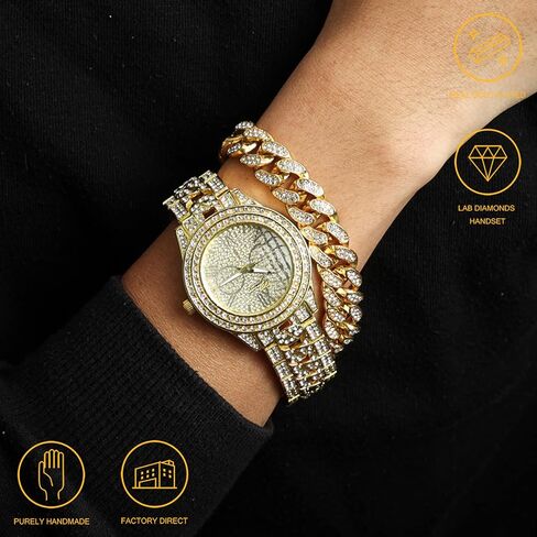 Halukakah Diamond Gold Watch for Men - THE CUBAN LINK - Iced Out Men's 18k Real Gold/Platinum White Gold Plated Cuban Chain Band Quartz Wristband 9.5",Cuban Link Chain 8"+18" Necklace Bracelet Set,Full Cz Diamonds,FREE Giftbox in Kuwait