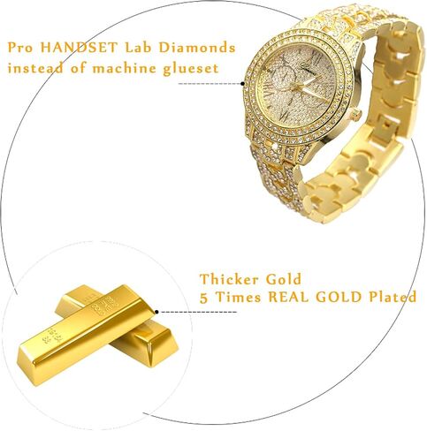 Halukakah Diamond Gold Watch for Men - THE CUBAN LINK - Iced Out Men's 18k Real Gold/Platinum White Gold Plated Cuban Chain Band Quartz Wristband 9.5",Cuban Link Chain 8"+18" Necklace Bracelet Set,Full Cz Diamonds,FREE Giftbox in Kuwait