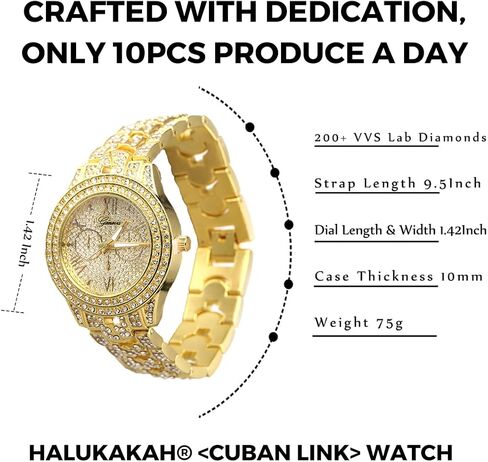 Halukakah Diamond Gold Watch for Men - THE CUBAN LINK - Iced Out Men's 18k Real Gold/Platinum White Gold Plated Cuban Chain Band Quartz Wristband 9.5",Cuban Link Chain 8"+18" Necklace Bracelet Set,Full Cz Diamonds,FREE Giftbox in Kuwait
