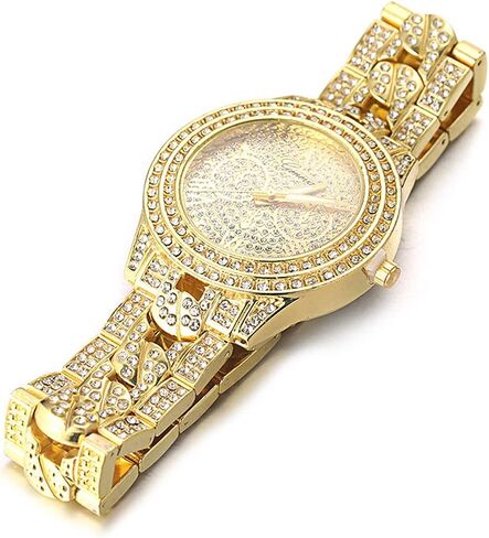 Halukakah Diamond Gold Watch for Men - THE CUBAN LINK - Iced Out Men's 18k Real Gold/Platinum White Gold Plated Cuban Chain Band Quartz Wristband 9.5",Cuban Link Chain 8"+18" Necklace Bracelet Set,Full Cz Diamonds,FREE Giftbox in Kuwait
