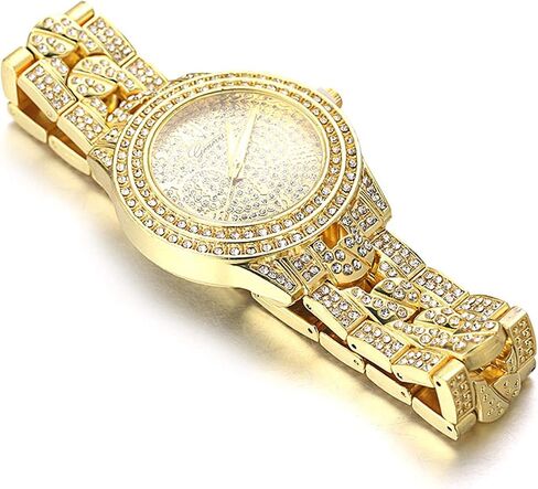 Halukakah Diamond Gold Watch for Men - THE CUBAN LINK - Iced Out Men's 18k Real Gold/Platinum White Gold Plated Cuban Chain Band Quartz Wristband 9.5",Cuban Link Chain 8"+18" Necklace Bracelet Set,Full Cz Diamonds,FREE Giftbox in Kuwait