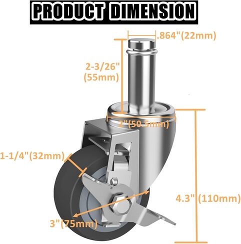 4-Inch Caster for Wire Shelving Racks, Heavy Duty Scaffolding Wheel with Brake, Set of 4 Metro Shelving Replacement Wheels(.864" x 2-3/16") in Kuwait
